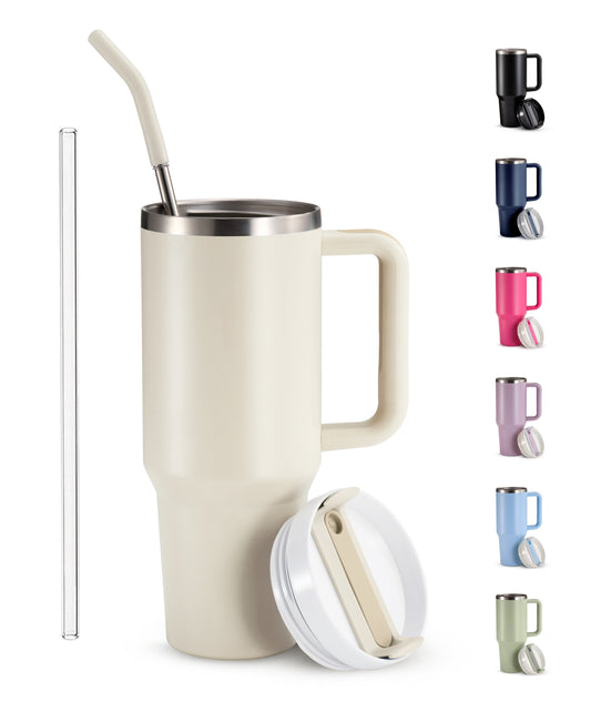 Kook 40 oz Stainless Steel Tumbler, Straw & Handle
