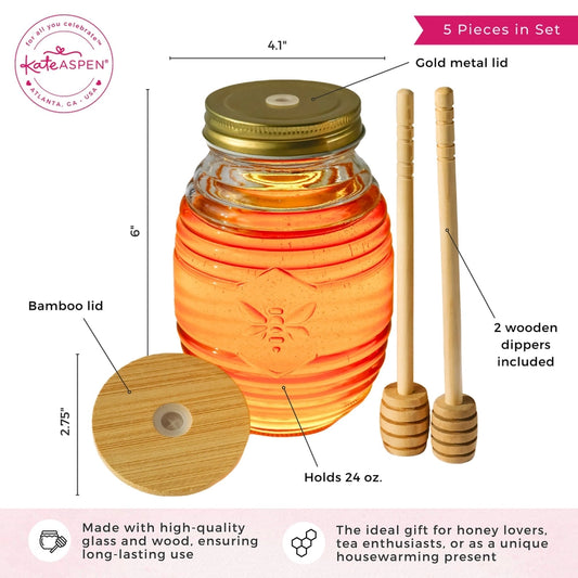 Glass Bee Honey Jar with Dipper Set 24 oz