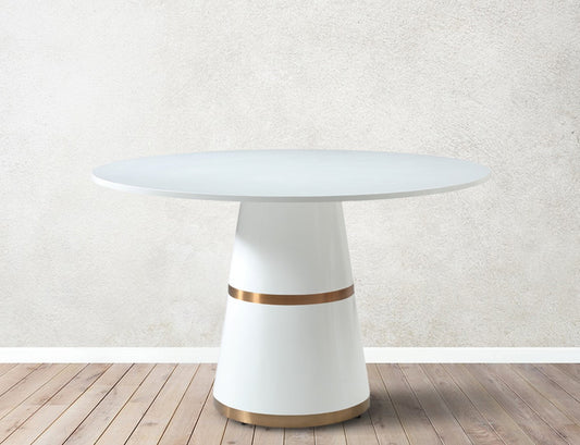 Hans Round White Lacquer Dining Table with Gold Stripes - Modern High Gloss Design for Any Space