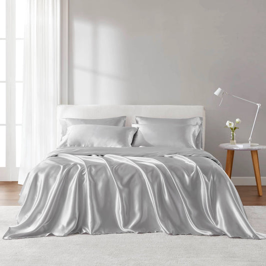 4 Piece Wrinkle-Free Satin Luxury Sheet Set, Light Grey