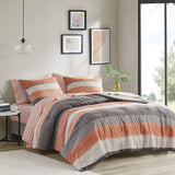Stripe Modern Comforter Set with Bed Sheets, Coral/Grey