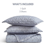 3pc Ruffle Printed Vermicelli Stitched Quilt Set, Blue