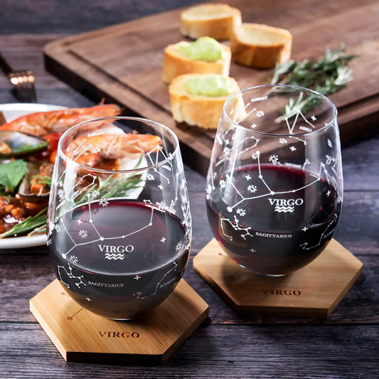 Set of 2 Zodiac Sign Wine Glasses with 2 Wooden Coasters (Virgo)