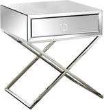 Lynn Mirrored Contemporary Side Table with Chrome Base, Modern X-Leg Design & Storage Drawer