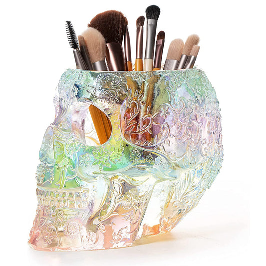 Skull Makeup Brush Holder, Pen Holder, Vanity, Desk (iridescent)