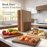 Premium 3pc Book Cutting Board Set with Stand, Space-Saving Decorative Wood Cutting Board Library, 100% Natural Wood Grain Finish, Sleek Laser-Engraved Labels