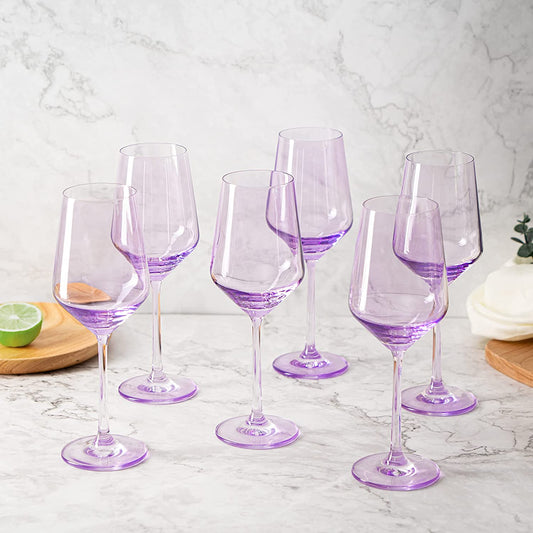 Set of 6 Colored Wine Glasses - 12 oz Hand Blown Italian Style (6, Lavender Purple)
