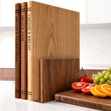 Premium 3pc Book Cutting Board Set with Stand, Space-Saving Decorative Wood Cutting Board Library, 100% Natural Wood Grain Finish, Sleek Laser-Engraved Labels