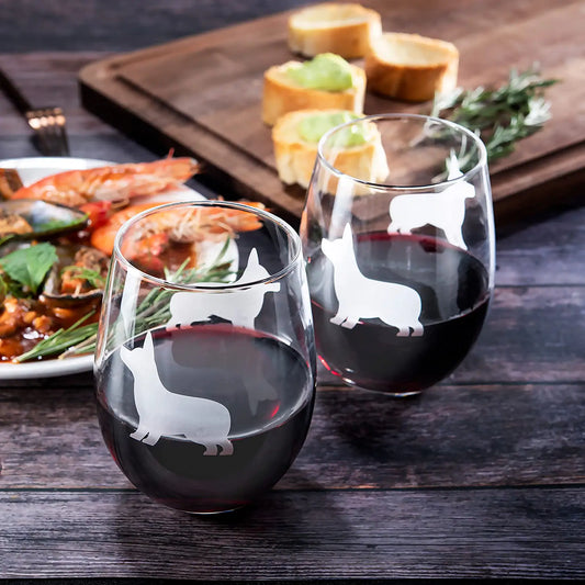 Stemless Wine Glasses Set of 2 (Corgi)