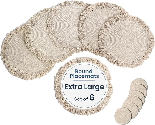 Ivory Braided Cotton Placemat Set of 6 with Fringes