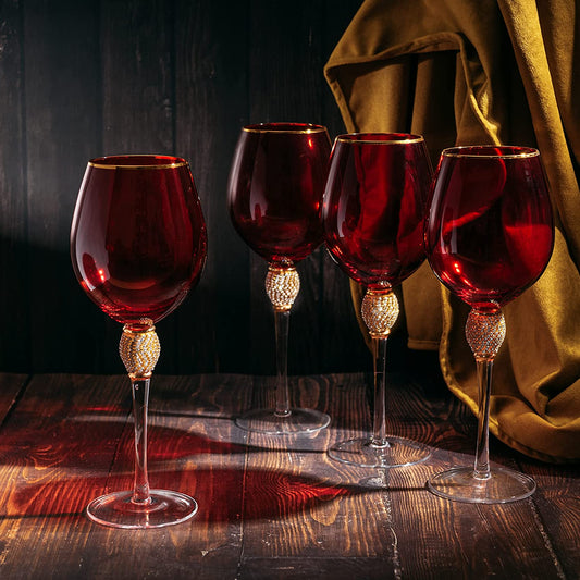Large Diamond Wine Glasses, 10" H Gold Rim Rhinestone (4, Red)