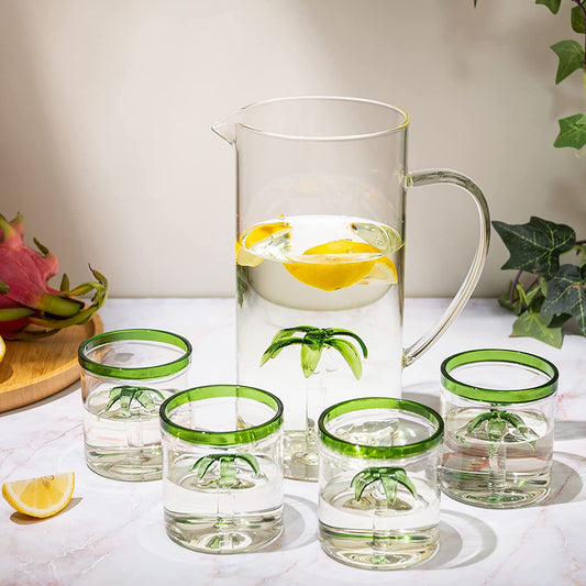 Palm Tree Pitcher & 4 Glasses Set Decanter, 9 oz