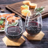 Set of 2 Zodiac Sign Wine Glasses with 2 Wooden Coasters (Cancer)
