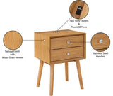 Teddy Contemporary Nightstand with USB Ports, Stylish Wood Grain Finish & Modern Stainless Steel Accents