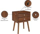 Teddy Contemporary Nightstand with USB Ports, Stylish Wood Grain Finish & Modern Stainless Steel Accents