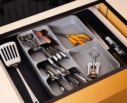 DrawerStore™ Grey Expanding Cutlery, Utensil & Gadgets Organiser