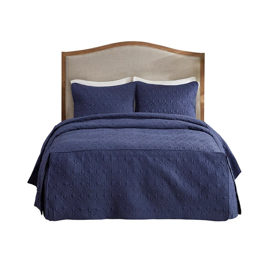 3 Piece Split Corner Pleated Quilted Bedspread, Navy
