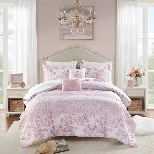 Modern Floral Paisley Comforter Set, Pink