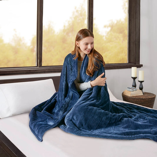 Heated Plush and Berber Electric Bedding Blanket, Navy Blue