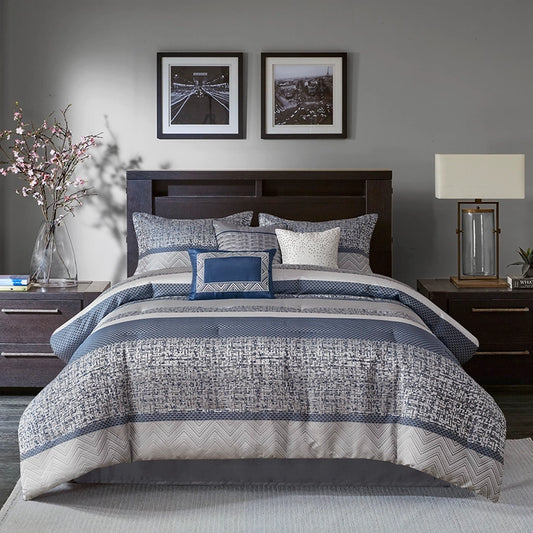 Jacquard Stripe Mosaic 7-Piece Comforter Set, Navy Blue