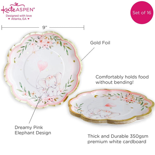 Elephant Baby Shower 62 Piece Party Tableware Set - Pink (16 Guests)