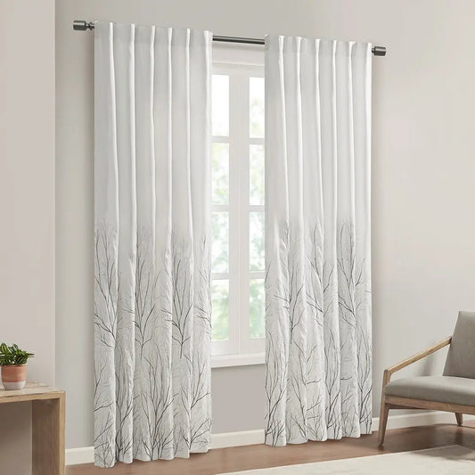 Wholesale Embroidered Branches Faux Silk Window Panel, White