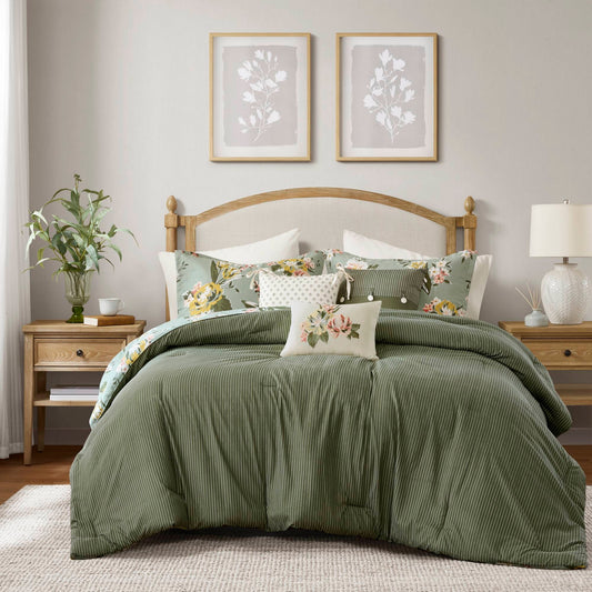 7 Piece Vintage Floral Comforter Set, Green