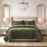 Soft Velvet Cross Stitch Coverlet Set with Shams, Green