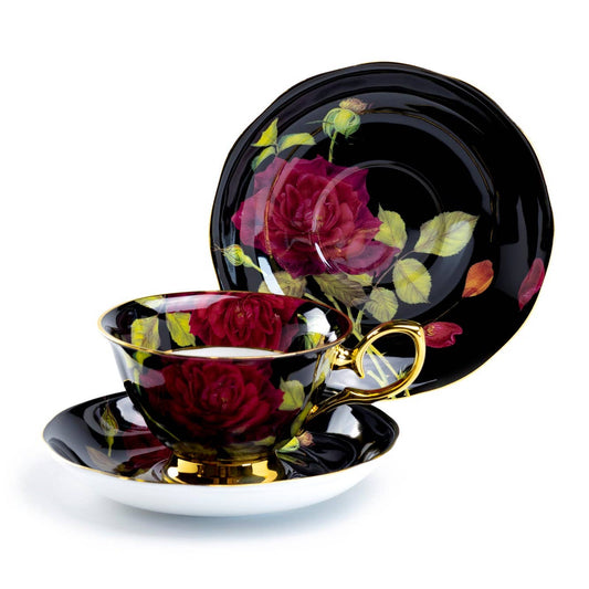 Gold Black Stem Rose Bone China Tea Cup Set