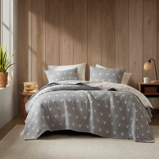 3 Piece Reversible Rustic Coverlet Set, Grey