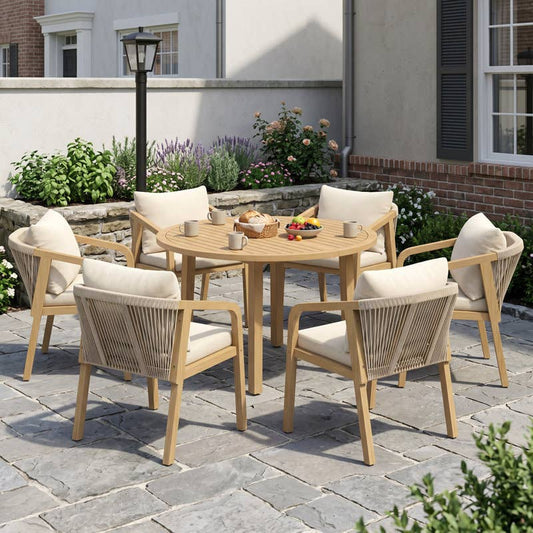 6-Person All Weather Acacia Wood Outdoor Dining Set with Water-Resistant Cushions and Umbrella Hole