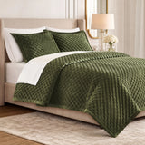 Soft Velvet Cross Stitch Coverlet Set with Shams, Green
