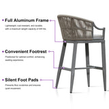 PURPLE LEAF Patio Bar Stools Set of 2 Outdoor Wicker Modern High Bar Chairs Metal Cushioned Barstools with Backs and Ergonomic Armrest