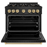 ZLINE 36" Dual Fuel Range, Gas Cooktop, Electric Convection Oven Black Stainless Steel, Gold CDRBZ-36-G