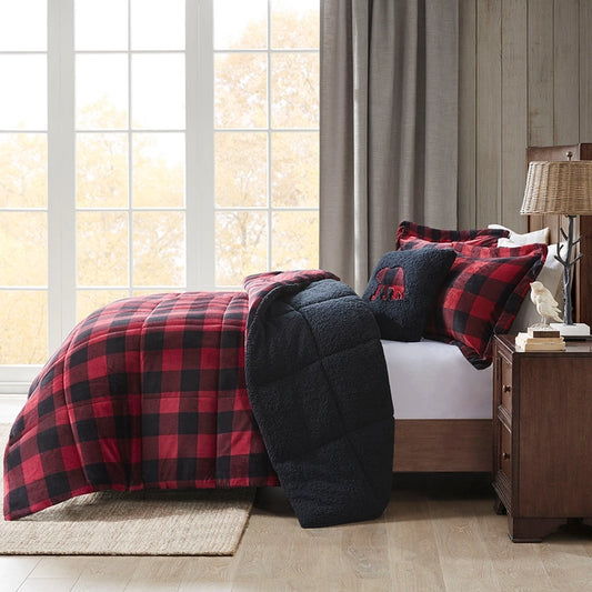 Plush To Sherpa Winter Comforter Set, Red Buffalo Check