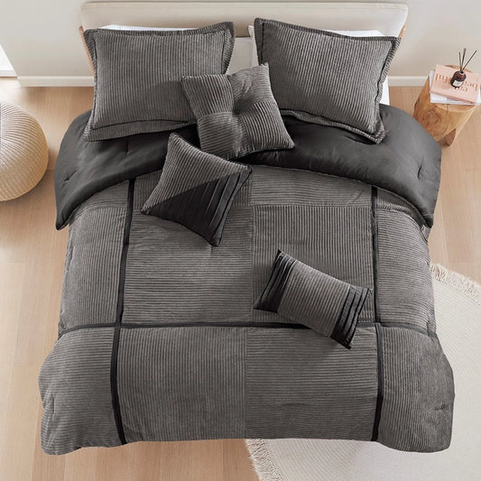 7 Piece Micro Corduroy Comforter Set, Grey