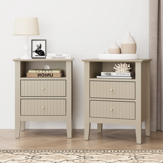 Fluted Nightstand with 2 Drawers Set of 2