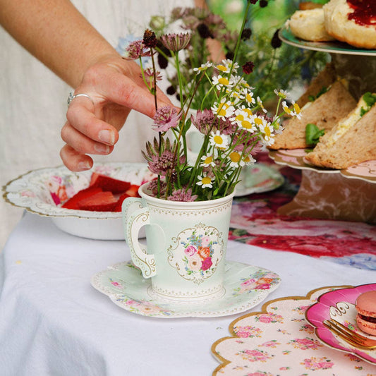 Floral Paper Teacup & Saucer Set – 12 Pack