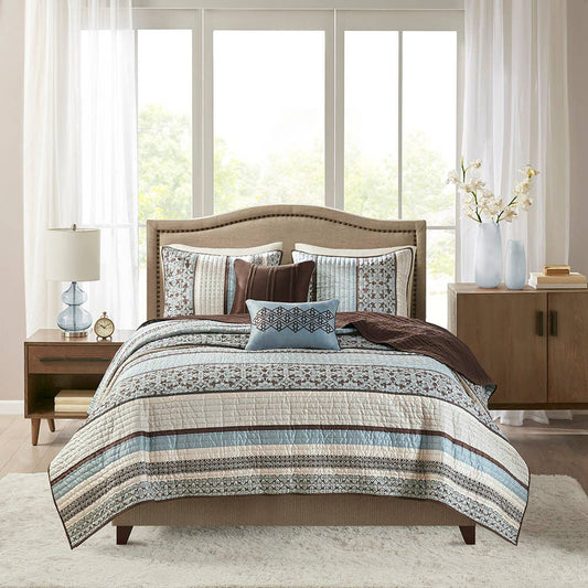5 Piece Medallion Reversible Jacquard Quilt Set, Blue