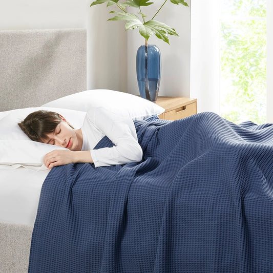 Waffle Weave Cotton Bedding Blanket, Indigo Blue