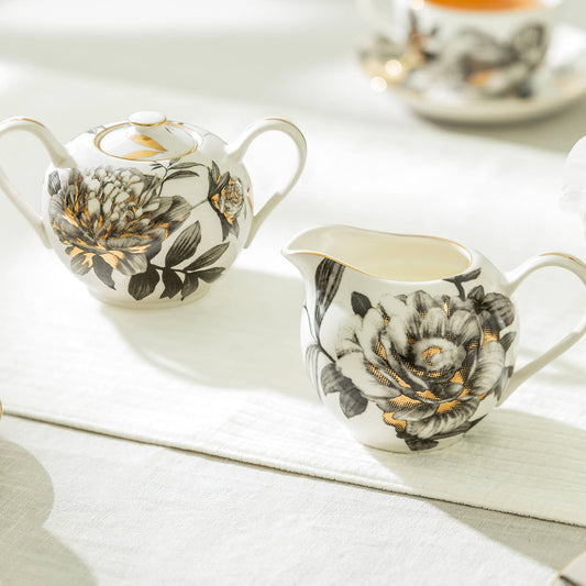 Grace Teaware Black Gold Peony Sugar & Creamer Set