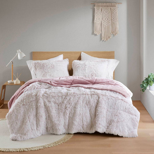 Wholesale Shaggy Faux Solid Fur Comforter Mini Set, Pink/White