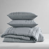 Grid Textured Soft Washed Pleated Comforter Set, Blue/Grey