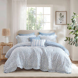 5 Piece Scalloped Edged Botanical Comforter Set, Blue