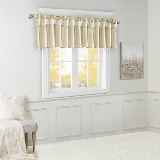Silky Twist Tab with Bead Trim Window Valance, Champagne