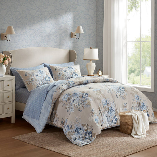 Vintage-Floral Inspired Comforter Set, Beige/Blue