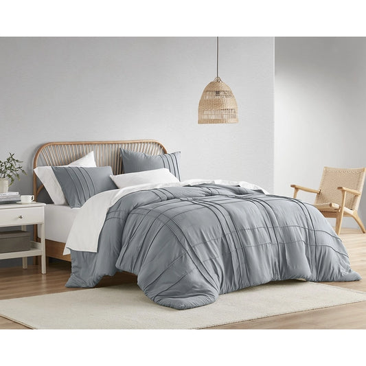 Grid Textured Soft Washed Pleated Comforter Set, Blue/Grey