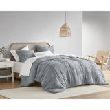 Grid Textured Soft Washed Pleated Comforter Set, Blue/Grey
