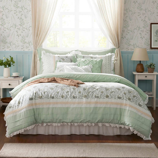9 Piece Cotton Percale Floral Comforter Set, Sage Green