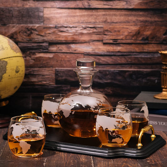 Etched World Map Globe Whiskey Decanter Set 750ml